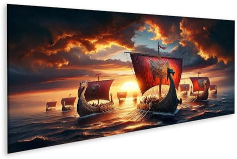 islandburner Bild auf Leinwand Sonnenuntergangsflotte: Wikinger-Langschiffe bereit zur Fahrt Bilder Wandbild Poster