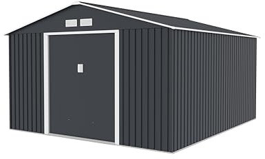 BillyOh 10x12 ft Portland Apex Garden Storage Shed, Dark Grey — Tough Galvanised Metal Sheds with Base, Air Vents, Lockable Sliding Doors - Large Metal Shed for Tools, Equipment and Bike Storage