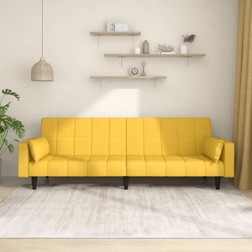 Homgoday Schlafsofa 2-Sitzer mit 2 Kissen Klappsofa mit Schlaffunktion Bettcouch Bettsofa Loungesofa Sofa Couch mit Verstellbarer Rückenlehne für Wohnzimmer Schlafzimmer Gelb Stoff
