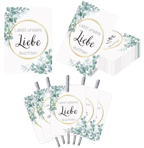 Glamifyr 100 Stück Wunderkerzen Hochzeit Etiketten,Knicklichter Hochzeit Lasst Unsere Liebe Leuchten,Sternspritzer Hochzeit Doppelt Gelochte Kärtchen Hochzeit Accessoires für Wunderkerzen (Eukalyptus)