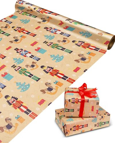 RayofSun Christmas Wrapping Paper,Nutcracker Gift Wrapping Paper Rolls,Vintage Kraft Gift Wrap Paper for People Boys Girls Celebrating Xmas Holiday Party,1PC 17 in x 32 ft Mini Roll