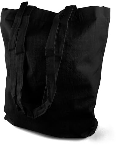 Netuno 1 Stück Stofftasche Baumwolle Schwarz 38 x 42 cm Bodenfalte 10 cm Baumwolltasche groß mit langem Griff Einkaufstasche unbedruckt Tragetasche zum Bemalen Bedrucken Baumwollbeutel Jutebeutel