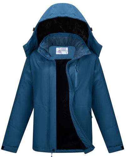 OutPro Skijacke Damen mit Wasserdichte Regenjacke Winddicht Warm Winterjacke Hooded Abnehmbarer, mit Reißverschlusstaschen Snowboardjacke Geeignet für Outdoor-Aktivitäten, Skifahren Blau XXL
