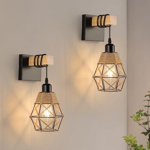 FORCOSO Wandleuchte Innen 2er, Vintage Wandlampe Holz Metall Juteseil, E27 Wandbeleuchtung Schwarz Braun Wand Lampe,Retro Industrial Wall Light Fixtures Indoor Wohnzimmer Schlafzimmer Flur Treppenhaus