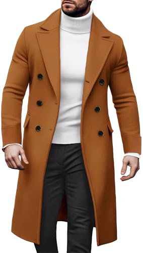 AIEOE Mens Long Overcoat Double Breasted Coat Winter Wool Coats Business Windbreaker Warm Outerwear Thick Casual Coat Slim Fit Jacket Solid Color L