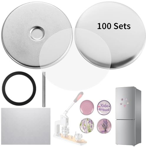 100 Sets Fridge Metal Buttons, 2.28 Inch/58 mm Round Blank Button Badge Parts, Magnet Tinplate DIY Badge Kit with Clear Films, Adsorptive Button Crafts Compatible with Button Maker Machine