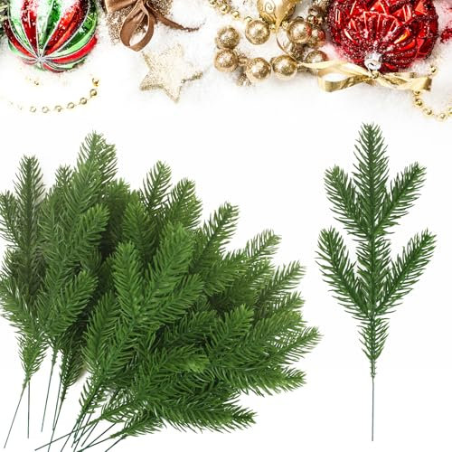 INSANYJ 35 Stück Tannenzweige Künstlich wie Echt, 24cm Künstliche Tannenzweige Deko Zweige Weihnachten Kiefer Picks Grüne Pflanzen Kiefer Nadeln für DIY Girlande Kranz Weihnacht Home Garden Decor
