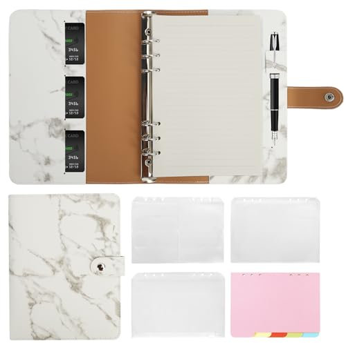 Skycase A5 Ringbuch Nachfüllbar - 6-Ring Notizbuch aus PU Leder mit Füllpapier, Taschen & Blättern, A5 Ordner Portfolio, Weiß