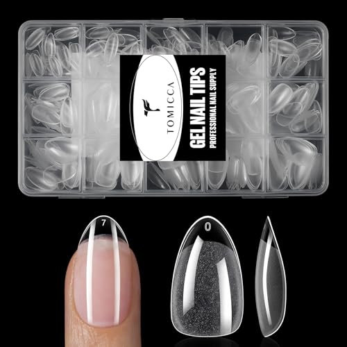TOMICCA Short Almond Nail Tips, 240Pcs Half Matte Clear Soft Gel XS Short Almond Nails Tip, Full Cover Acrylic Fake Nails for French Nail Extensions DIY Manicure Art, 15 Sizes
