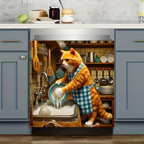 BlissYard Katzen-Geschirrspüler-Abdeckung, Magnet, Küchendekoration, 58,4 x 66 cm, lustige Katze, Geschirrspüler-Magnetabdeckung, Haustür-Panel, Aufkleber, Aufkleber für Landhaus, Bauernhaus, Fenster