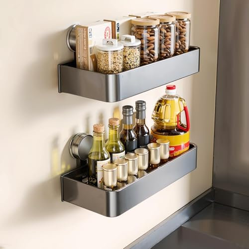 ONXE 2 Pack Suction Cup Spice Rack,Moveable Spice Shelf for Kitchen Refrigerator,Wall,Oven,Cabinet,No-drill Organizers Storage Seasoning Organization,Kitchen Essentials Gadgets (16inch)