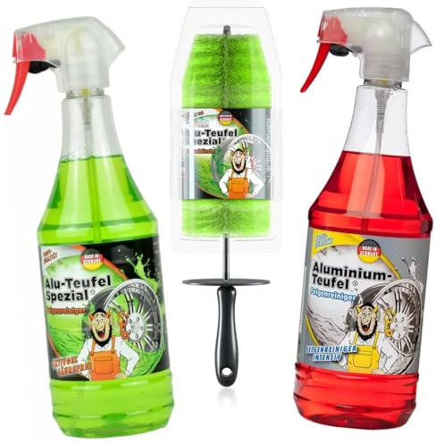 Tuga Chemie Alu Felgen Spezial Felgenreiniger Set für glänzende Alufelgen | mit Wirkindikator und Aktiv Gel Formel | Tuga Rot + Tuga Grün + original Tuga Felgenbürste
