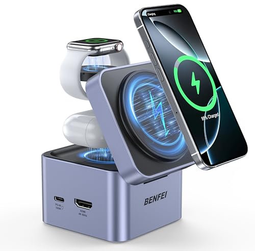 BENFEI Caricabatterie pieghevole 3 in 1 MagSafe con hub USB-C, stazione di ricarica wireless per iPhone 16/15/14/13/12, Apple Watch, AirPods, con supporto HDMI 4K@60Hz, 100W PD e 2 porte USB 3.0 5Gbps