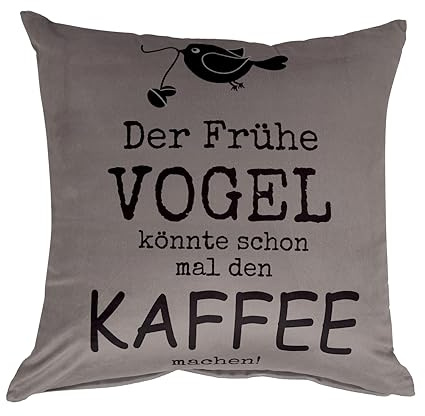 Quantum Interior by Maxland Lustige Dekokissen mit Sprüchen, Dekoratives Samtkissen mit Druck, Verschiedene Größen, Sofakissen mit Füllung, Geschenk für Männer und Frauen (Der Frühe Vogel, 45x45 cm)