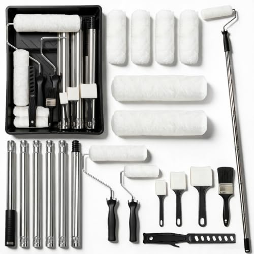 Qivine Kit de Rouleau Peinture avec Tige Télescopique, 20 Pièces Petit Rouleau Peinture Kit, Rouleau de 9 inch avec Pinceau, Kit Peinture Mur pour Peindre les Murs, les Bordures et les Plafonds