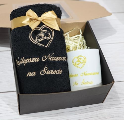 BotoHome Geschenkset mit Handtuch & Tasse – mit Motiv und Dein TEext – (Schwarz, Handtuch + Tasse Weiß)