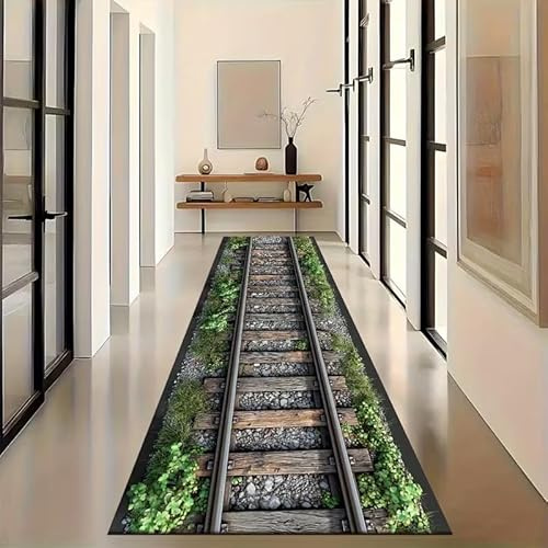 Kuluoits Eisenbahn Läuferteppich, 60x180cm, Eisenbahnschienen, Gras, Kopfsteinpflaster, Lustiger Läuferteppich, rutschfest, Saugfähig, Langer Flurteppich für Wohnzimmer, Schlafzimmer, Esszimmer