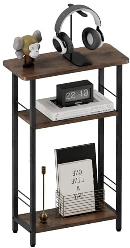 VSIWB Schmaler Beistelltisch Nachttisch Sofa Beistelltisch für Schmale Räume, Kleiner Tisch für Wohnzimmer, Schlafzimmer, Büro, Metallgestell, Verstellbaren Füßen, Vintagebraun/Schwarz