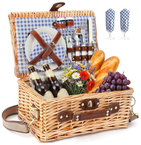 Panier Pique-Nique en Osier pour 2 Personnes, Pique-Nique avec Compartiment Isotherme, Vaisselle, Couverts, Verres à Vin & Tire-Bouchon,Idéal pour Campagne, Parc & Cadeau BBQ