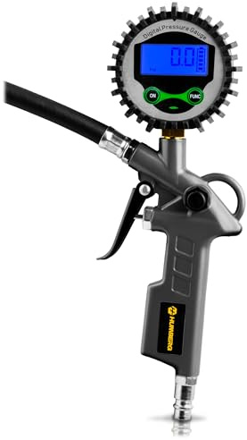 Humberg Digitaler Reifenfüller mit Manometer - Reifendruckprüfer 15 Bar mit LCD-Anzeige - Luftdruckprüfer für Auto, Motorrad und Fahrrad - 34 cm Schlauch - 1/4 Anschluss