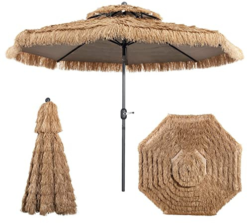 Patio de Playa Estilo Hawaiano Repuesto de 2.7m 3m,Sombrilla Hawaiana de Paja, Parasol de Rafia Inclinable con 8 Varillas, Sombrilla con Doble Techo para Jardín, Terreza, Balcón (3M/8 Varillas)