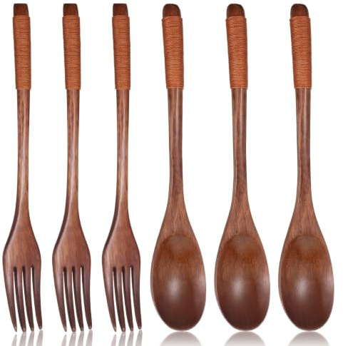 6 Pcs Wooden Spoon and Fork Set for Eating Anti-Slip Handle with Thread Wrapping Reusable Spoons Forks Cutlery Set Wooden Tableware Flatware for Stirring Cooking (8.66 Inch Long)