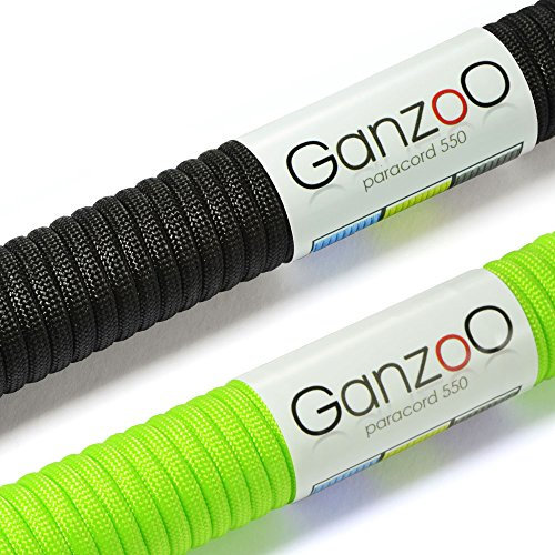 Ganzoo Paracord 550 Seil, 2 x 30 Meter, 4mm, Nylon/Polyester, Typ 3, Outdoor-Schnur, 7 Kernstränge, Allzweckseil, Hundehalsband, Hundeleine, Armband knüpfen, Camping/Survival, schwarz hellgrün