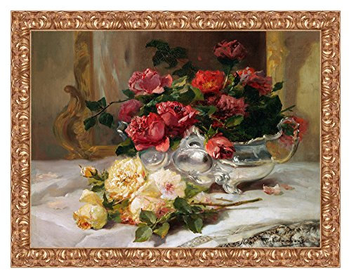 LuxHomeDecor Quadro Stampa su Tela Eugene Henri Cauchois Roses on a Dressing Table con Cornice in Legno Oro Classico Misura 53x43 CM