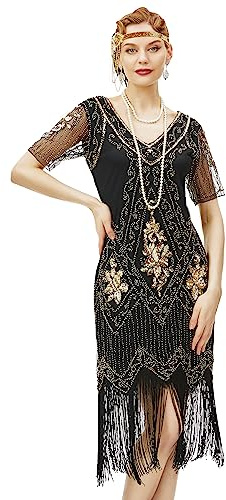 BABEYOND 1920s Flapper Fringed Sequin Dress V Neck Vintage Beaded Costume | For Cocktail, Prom, Evening, Gatsby, Art Deco, Halloween. Soft Polyester Long Fringe, Beads, Sequins, V-Neck