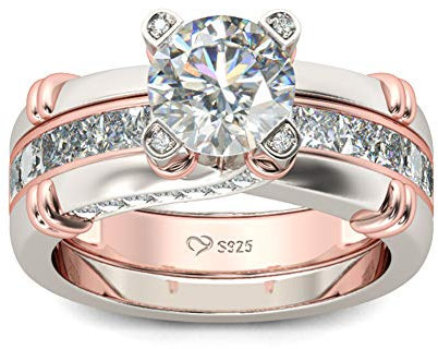 Jeulia Femme Bagues Ensemble en Argent Sterling Solitaire Anneau Plaqué Or Rose 18k Bagues Interchangeable pour Anniversaire Mariage Engagement (Or rose, 53)
