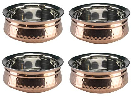 Hammered Copper Serving Handi Double Wall Balti Dishes Curry Serving Bowls Indian Stainless Steel Multipurpose Rim Serving Bowls Set 13cm/15cm/17cm (4, 15cm)