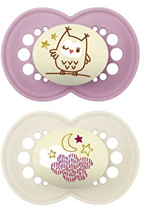 MAM Original Night Succhietto 16+ Mesi (Set da 2), Ciuccio MAM 16 36 mesi silicone e ortodontico che si illumina al buio, Kit da 2 accessori neonato con porta ciuccio sterilizzatore, Lilla/Neutro