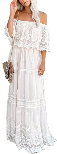 Women Off Shoulder White Lace Maxi Wedding Dress Boho Engagement Party