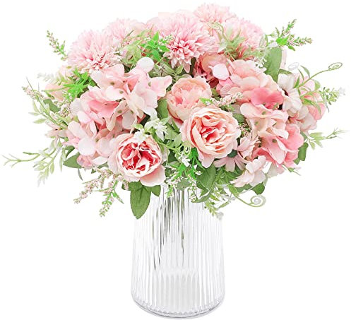 Decpro 4 Stück künstliche Pfingstrose Seide Hortensien Chrysanthemen Nelken Blumensträuße für Hochzeit Zuhause Büro Gartendekoration, Tischdekoration, Blumenarrangements, Rosa