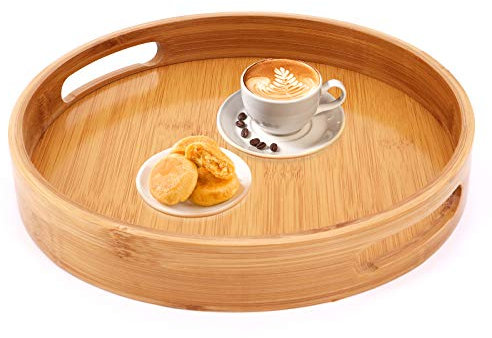 Bandeja de bambú para servir, bandeja redonda con asas, bandeja de desayuno para servir café, vino, café, té, comidas de frutas (grande, 35 x 35 cm)