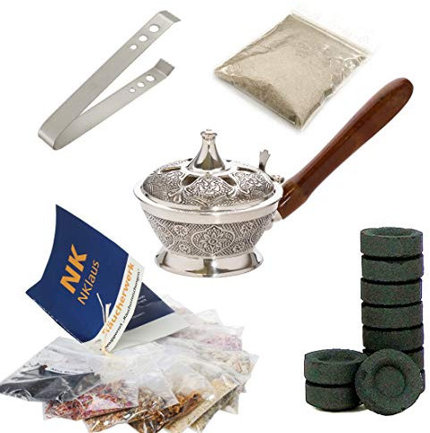 NKlaus Silberne Räucherpfanne Set 14tlg. mit Weihrauchmischung sortiment Räucherkohle 40620
