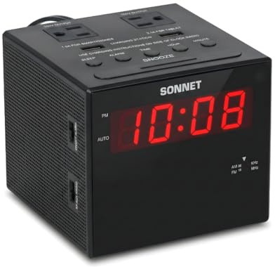 Sonnet Alarm Clock Charging Station, AM FM Radio, Dual USB Charging Ports, Dual AC Outlets, Very Loud Alarm Clock for Heavy Sleepers and The Hearing Impaired for Desk, Bedroom