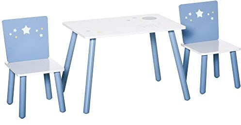 HOMCOM 3 Pcs Kids Table & Chairs Set w/Wood Legs Safe Corners Cute Stars Seating Mini Furniture Home Playroom Bedroom Dining Room Blue