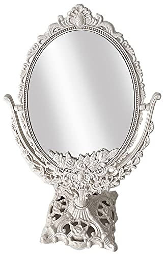 Moligin Double Sided Ornato da terra del piano d'appoggio di vestire specchio da tavolo Specchio Specchio da toilette Vintage Camera Bagno Specchio Shabby Chic-ovale tavolo specchio Vintage girevole