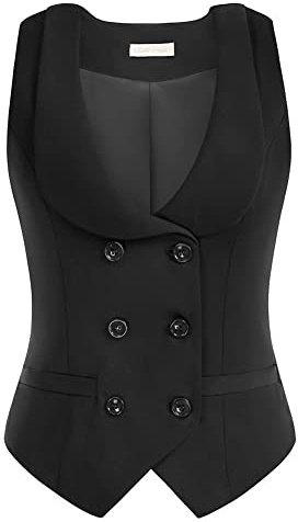 Belle Poque Damen Weste mit Gebogenes Revers V-Ausschnitt Karierte Weste mit Zwei Taschen Geometrischer Saum Einfarbig Jacke