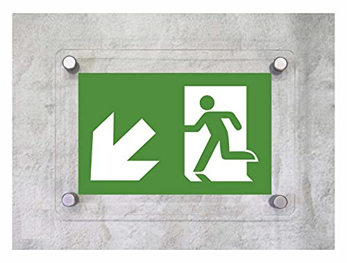 CARTELLO IN PLEXIGLASS SEGNALETICO - EMERGENZA USCITA GIU' PER LE SCALE A SINISTRA - Con Distanziali in acciaio inox e Stampa U.V. (15X21)