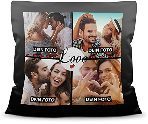 PR Print Royal Kissen selbst gestalten Satin - Collage mit 4 Fotos Bedrucken - Ich Liebe Dich - Geschenk Valentinstag Geburtstag Weihnachten - Fotokissen satiniert inkl. Füllung, 40x40 cm