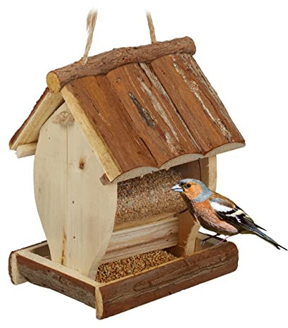 Relaxdays Vogelfutterhaus, Wildvogel Futterstelle zum Aufhängen, HBT: 20 x 15,5 x 13 cm, Vogelhäuschen aus Holz, Natur