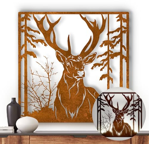 Terma Stahldesign Hirschkopf Wandbild XXL 70x65x3 cm – Edelrost Metall mit Schutzlack – Handgefertigte Hirsch Wanddeko für Wohnzimmer & Schlafzimmer – Made in Germany