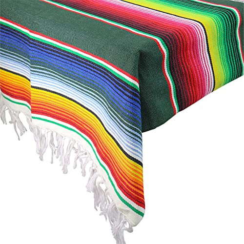 Time to Sparkle 58 x 84 Inch Mexican Tablecloth Serape Blanket for Mexican Party Wedding Decorations, Large Square Cotton Fringe Table Cloth Colorful Mexican Blanket Outdoor Grass Green