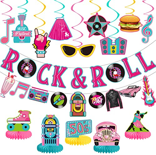 25 Stück 50er Jahre PartyDekorationen enthalten Rock and Roll Banner, 50er Jahre Thema hängende Wirbel und Wabenaufsätze für 1950er Jahre PartyDekorationen, zurück in die 50er Jahre