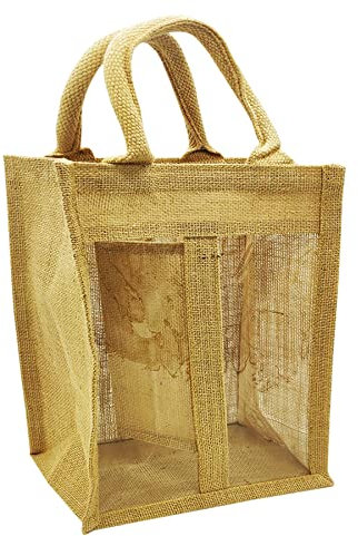 Reusable Wine Bag with Handles Natural Jute Champagne Liquor Gift Bags Single Double Triple Bottle Carrier Holder [Natural Double, 1pc]