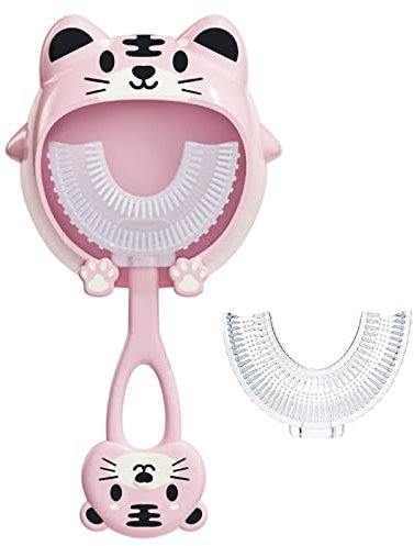 LEBOCADO Brosse à Dent Enfant en Forme de U, Brosse à Dent Enfant Manuelle avec Poils en Silicone, pour les enfants de 2 à 6 ans, fournit un nettoyage complet (tigre-rose)