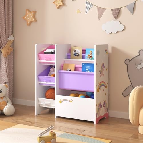 [en.casa] Kinderregal Vimianzo Bücherregal mit 4 Ablagefächern Bücherkiste 3 Faltboxen Spielzeugregal Einhorn-Motiv Weiß Lila Rosa Kinderzimmer Organizer Staufach