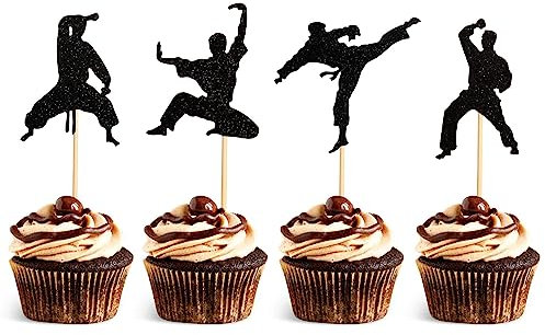 24 Pcs Schwarz Glitter Martial Arts Cupcake Toppers Karate Taekwondo Cupcake Picks für Kung Fu Thema Baby Dusche Geburtstag Party Kuchen Dekorationen Zubehör